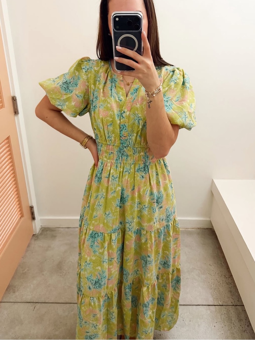 Smocked Waist Floral Tiered Maxi Dress in Yellow-Green